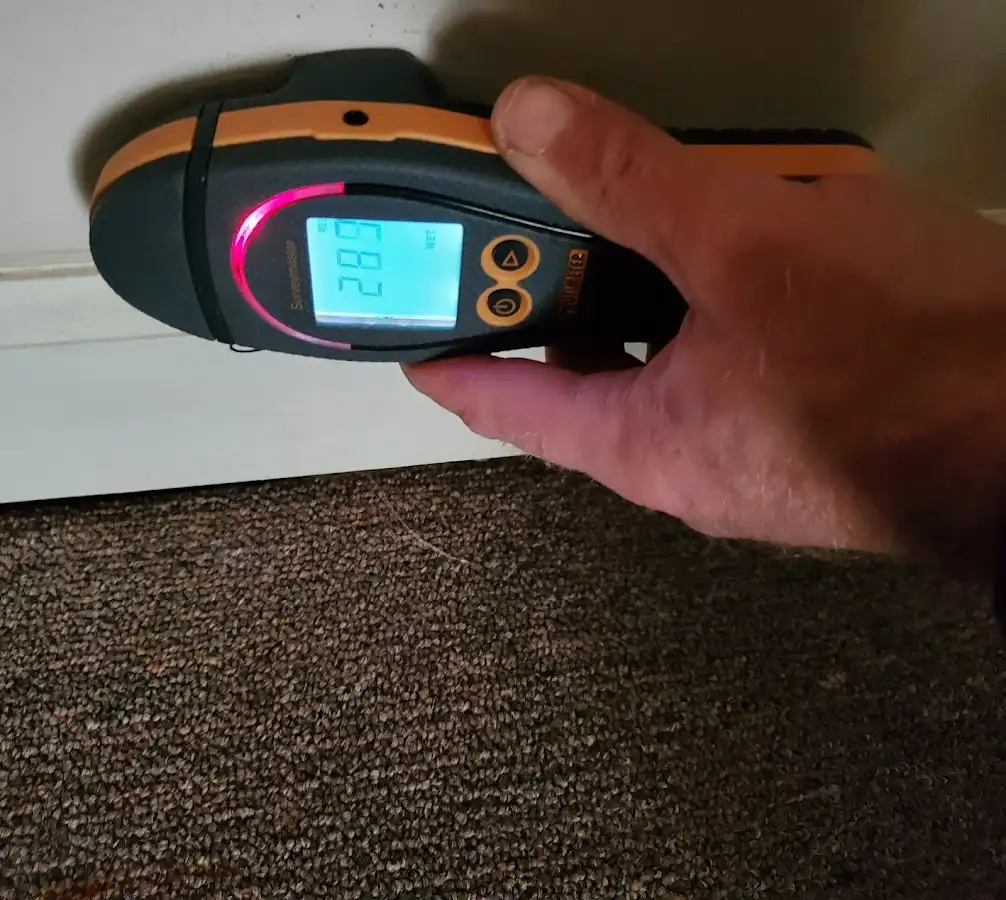 Moisture detection at baseboard during Storm Damage Restoration in Mascoutah